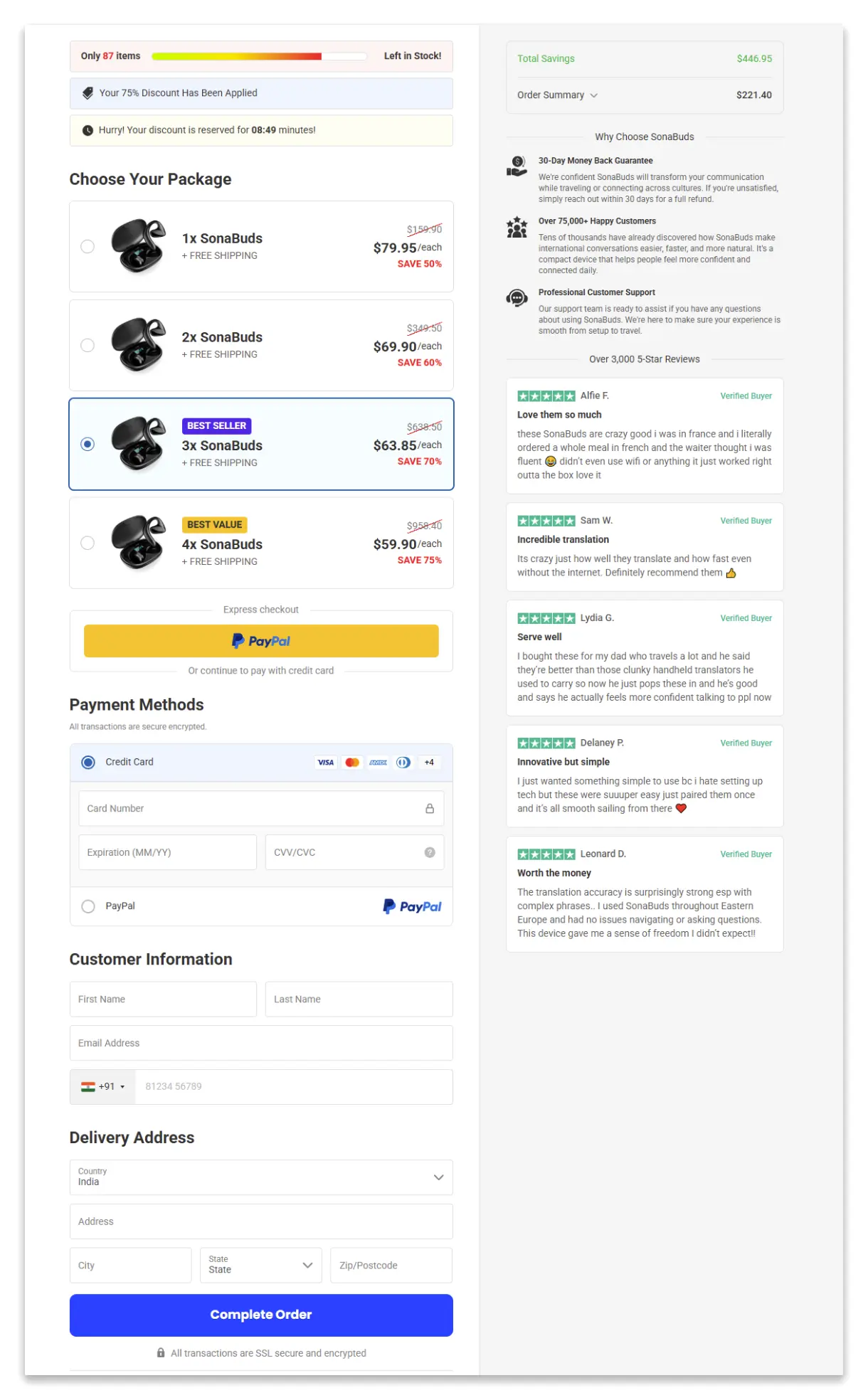 SonaBuds checkout page